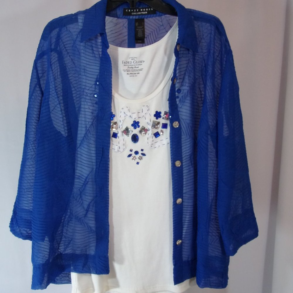 Crazy Horse Blouse Blue Faded Glory Custom White Tank Set NWOT